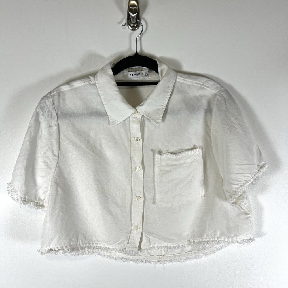 Jonathan‎ Simkhai White Linen Button Up Top Cropped Raw Hem Womens M